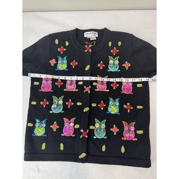 Vintage JACK B QUICK Owl Cardigan black Button Up beaded Sweater Sz S - Picture 2 of 9